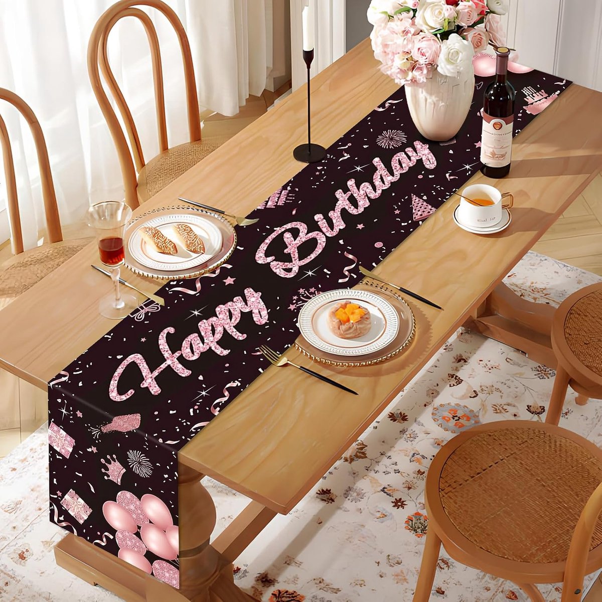 SnelShoppen - Happy Birthday Tafelkleed Roze Goud 180x35cm - Feestdecoratie Tafel Runner Zwart Roze - Verjaardag Versiering voor 4-6 Personen