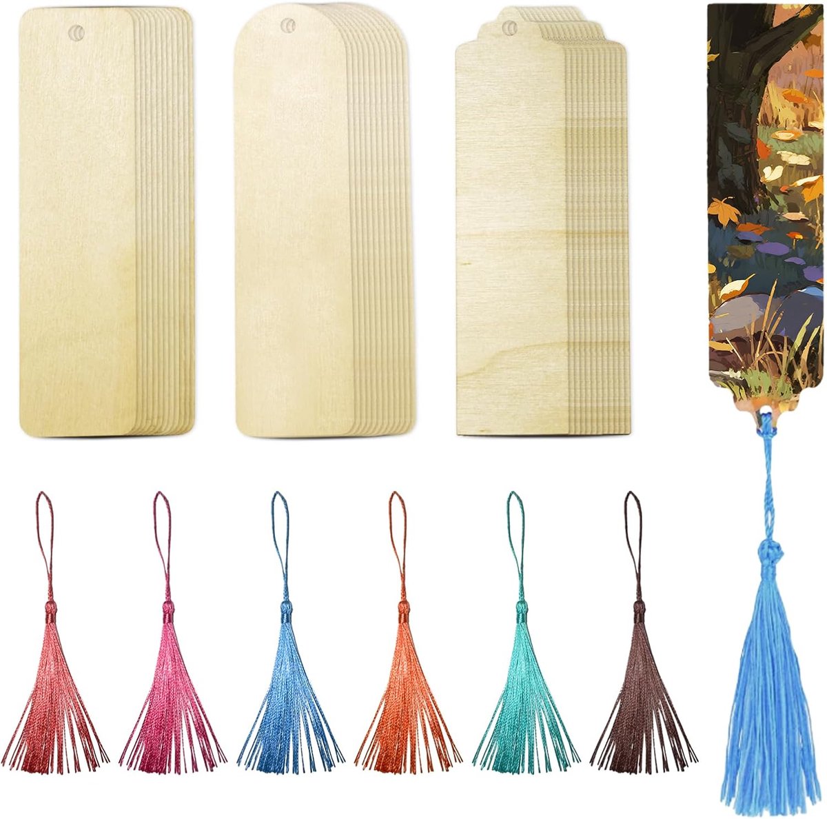 Thijox - 36 stuks Houten Boekenleggers Set - Blanco Knutsel Boekenleggers met 6 Kleur Kwasten - DIY Bladwijzers voor Creatieve Projecten, Cadeautags,