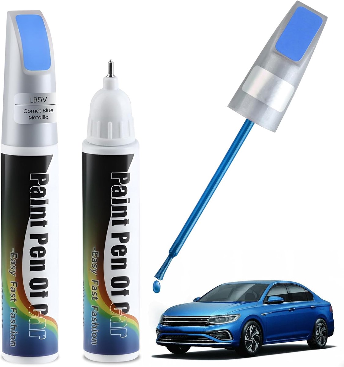 SnelShoppen - 2pcs LB5V Blauw Metallic Auto Verf Pen - 2 in 1 Verf Pen met Borstel en Punt voor Auto Verf Reparatie, Ideaal voor Krassen en Schade