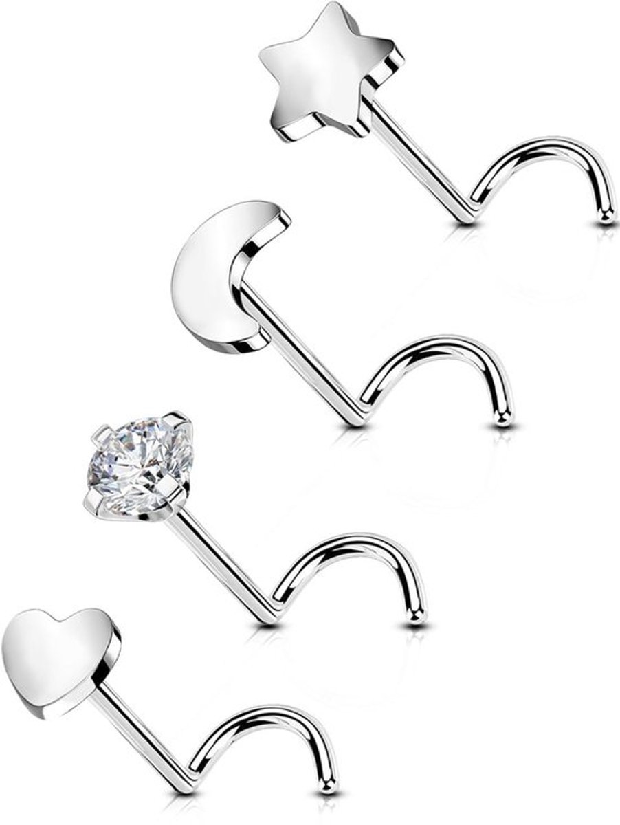 Neuspiercings Titanium - S-vormig Design - Elegante uitstraling - 7 mm - Transparante CZ - Voor Dames - Set van 4