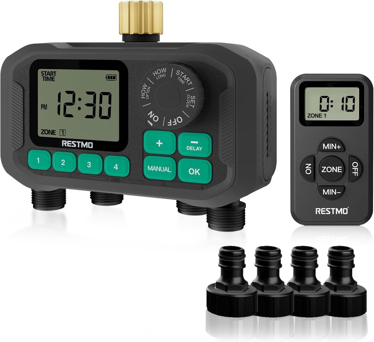 SnelShoppen - Watering Computer 4 Zones met RF Chip en Afstandsbediening, Automatische Besproeiing voor Tuin, Buitenkraan, Grond, Bloemenbedden, Groen