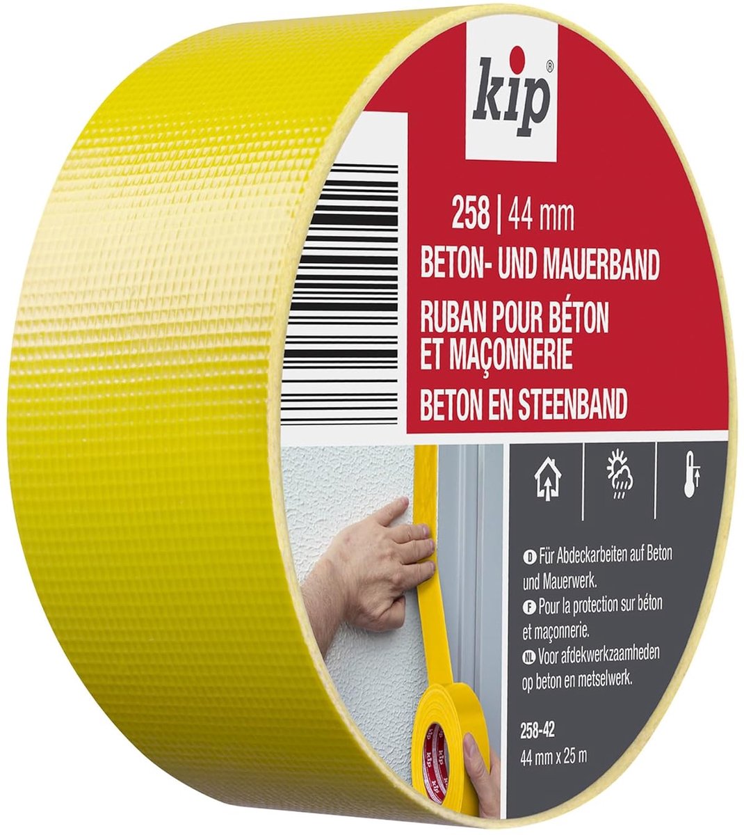 SnelShoppen - Kip Concrete en Wand Tape 258-43 - Geel 44mm x 50m - UV-bestendig, Waterdicht, Textieltape voor Buiten, Geschikt voor Ruwe Oppervlakken,