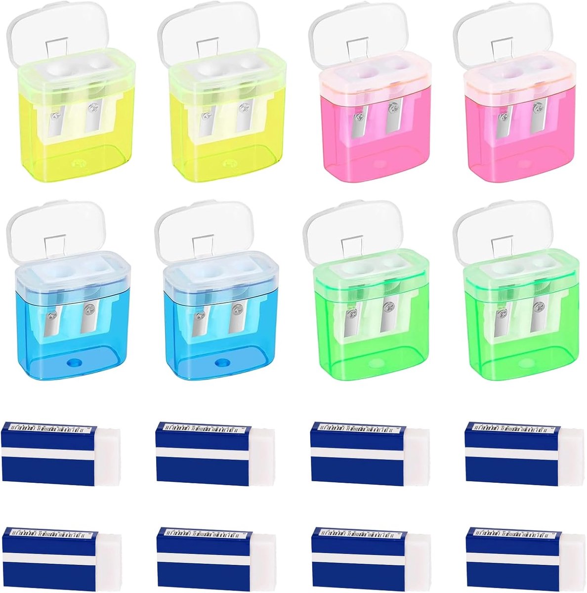 Thijox - Puntenslijper met Doos, 8-delige Set in 4 Kleuren, Inclusief 8 Hoofdgummi's, Handpuntenslijper met Dubbel Gat voor School, Kantoor en Thuis,