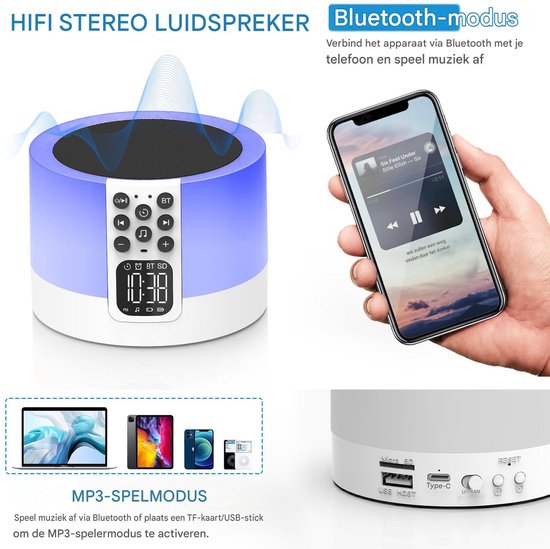 QTTVBTNA -Bluetooth Luidspreker - Nachlampje - 7 kleuren LED, 30 slaapgeluiden, timer, wekker, handsfree - Bluetooth 4.0, USB, microSD - Oplaadbaar - Voor kinderslaapkamer, reis en camping - Cadeau voor tieners en volwassenen — afbeelding 5
