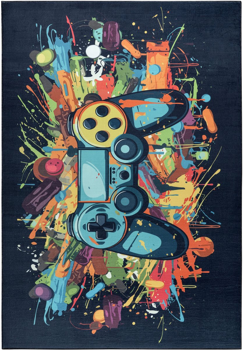 Muratap Kindervloerkleed Gaming Graffiti Blauw Multi Wasbaar Antislip- 120x170 CM Multikleur