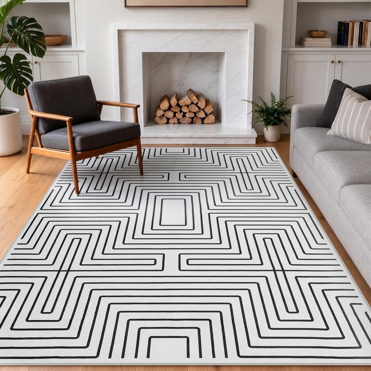 LITTLE TREE Wasbaar platgeweven vloerkleed - 200 × 300 cm - Abstract zwart-wit geometrisch - Antislip Oeko-TEX - Voor woonkamer en kantoor - Zwart-wit