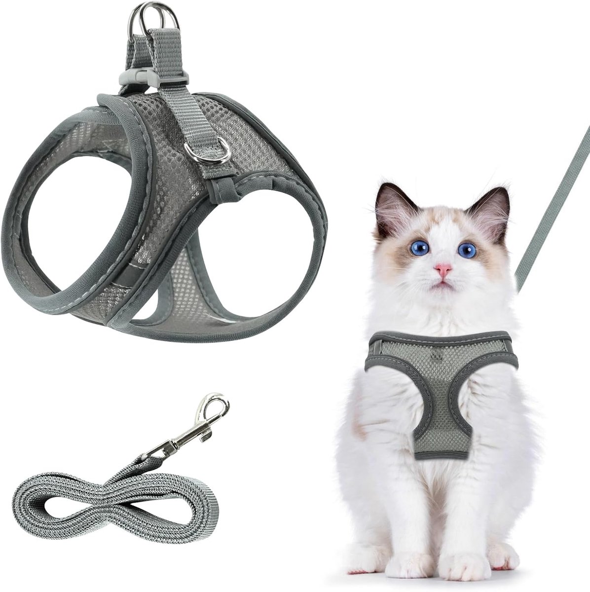 SnelShoppen - Ademend Kattenharnas Grijs Reflectief Set, Verstelbaar met 150cm/59inriem, Schokbestendig voor Buiten, Veiligheidsharnas voor Katten, Pe