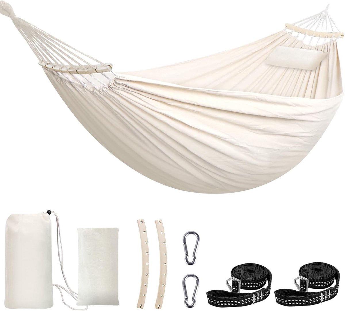 SnelShoppen - Grote Cotton Hangmat - Zacht, Ademend, Stevig - Tot 300 kg - Inclusief Afneembare Stok en Kussen - 2 Sterke Webbing en Carabiners - Idea