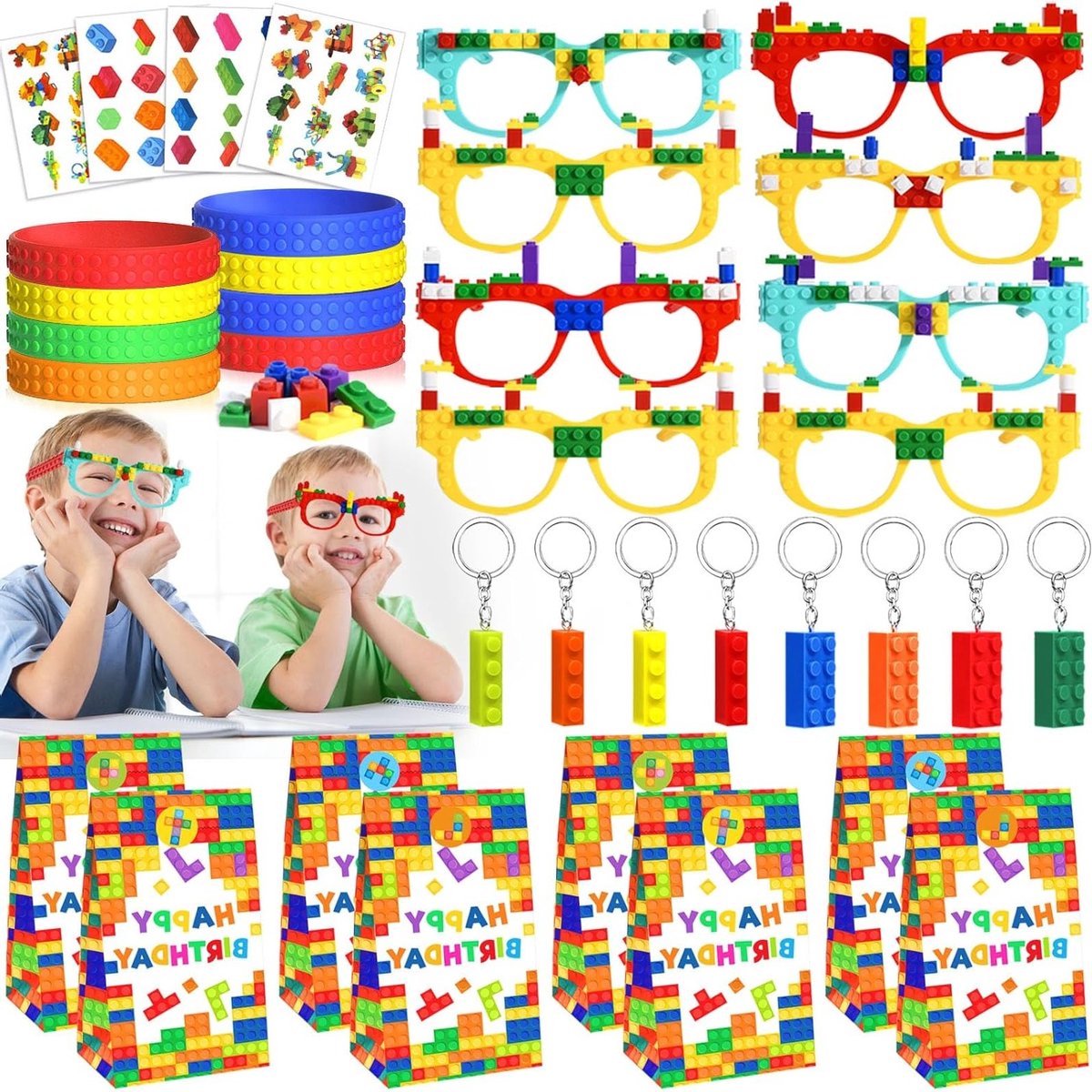 Bouwstenen voor Kinderen - Verjaardagscadeau met Speelgoed, Sleutelhangers en Armbanden voor Jongens en Meisjes