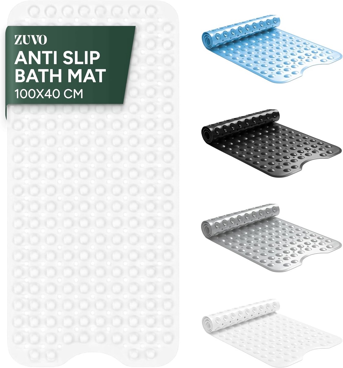SnelShoppen - Antislip Badmat met Anti-Schimmel en Sterke Zuigkracht - Extra Lang 100 x 40 cm - Wit - Machinewasbaar - Veilig voor Ouderen en Kinderen