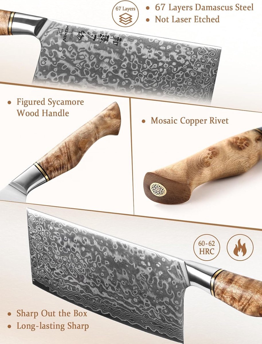 SnelShoppen - Damascus Chopping Knife, Chinese Chef Mes, 67 Laags Damascus Staal, Sycamore Houten Handvat, Slachten, Snijden, Groenten, Vlees, Keuken