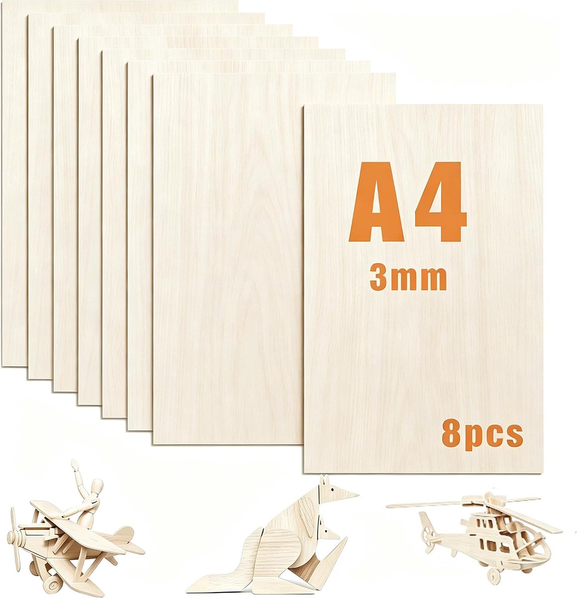 SnelShoppen - Plywood Panelen Populier 3 mm, 8 Stuks A4 Houten Panelen voor Creatief Werk, Laserprojecten, Modelbouw, Schilderen, Decoratie, 30 x 20 c