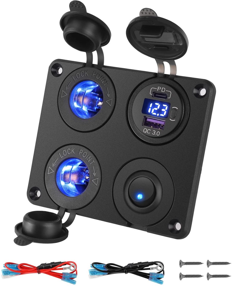 Thijox - 4-in-1 Stopcontactpaneel met Type C PD, QC3.0 USB, Sigarettenaansteker, LED-Voltmeter, Blauw Schakelaar voor Auto's, Motoren, Vrachtwagens en