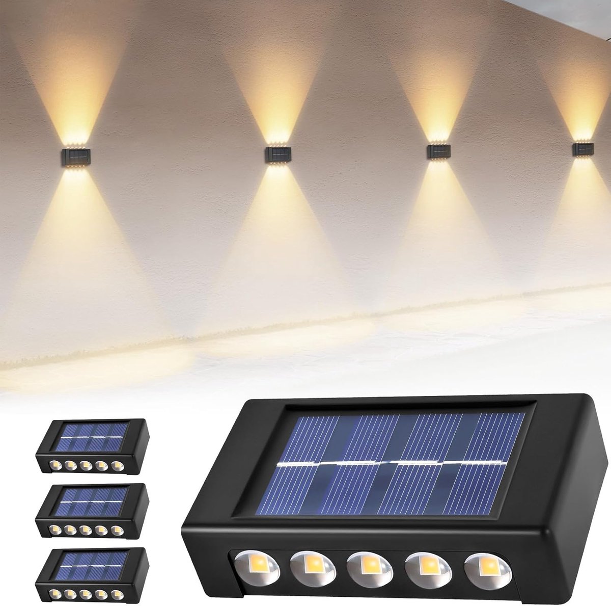 SnelShoppen - Solar Powered Tuin Fence Lights, 4 Stuks, IP65 Waterdicht, 10 LED Lichten, Warm Wit, Buitenverlichting voor Wand, Terras, Tuin, Patio