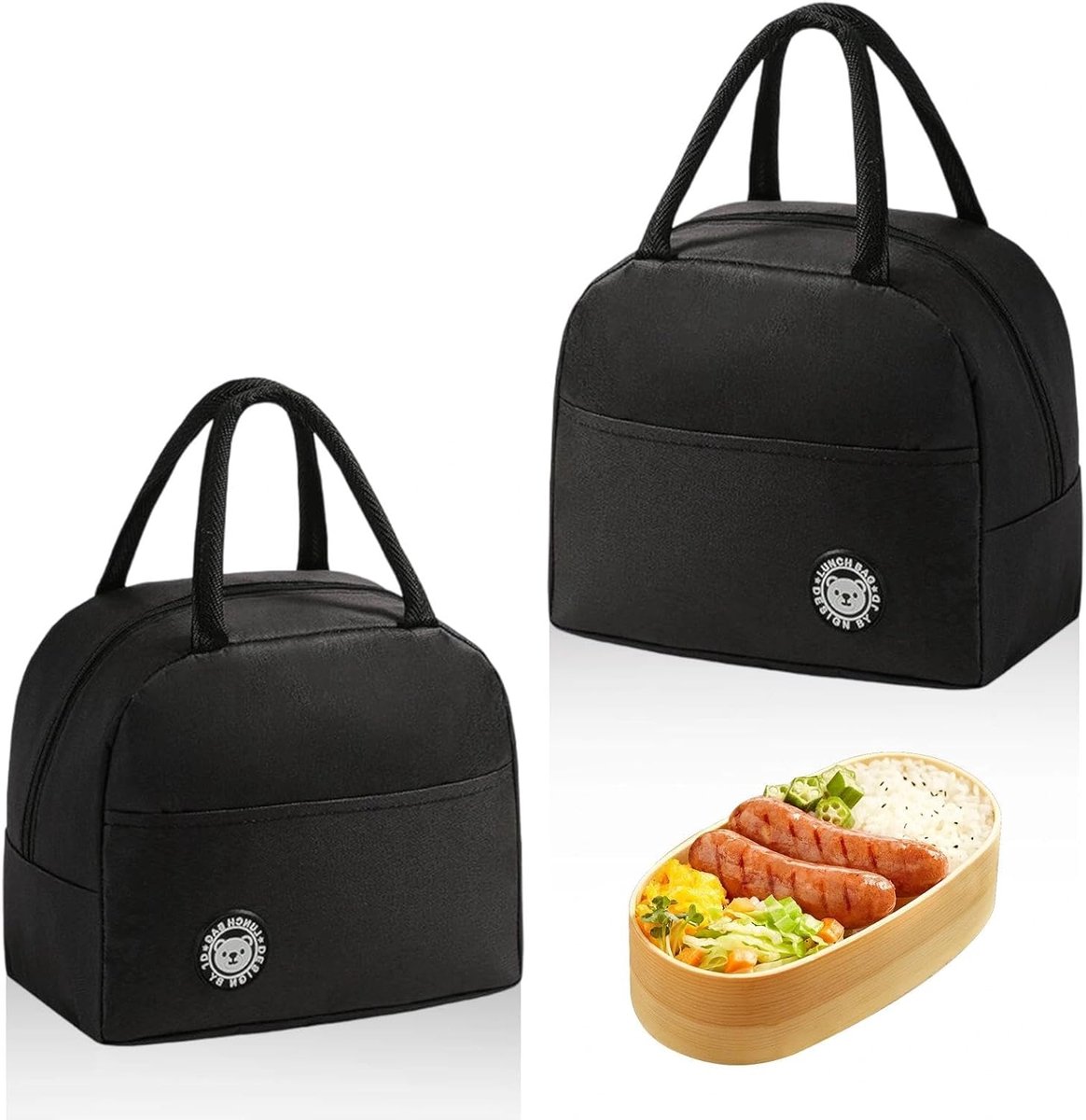 SnelShoppen - 2 Pack Isolerende Lunchtas, Vouwbare Thermotas, Kleine Draagbare Lunchbox, Zwart, Koeltas voor Kantoor, School en Kamperen