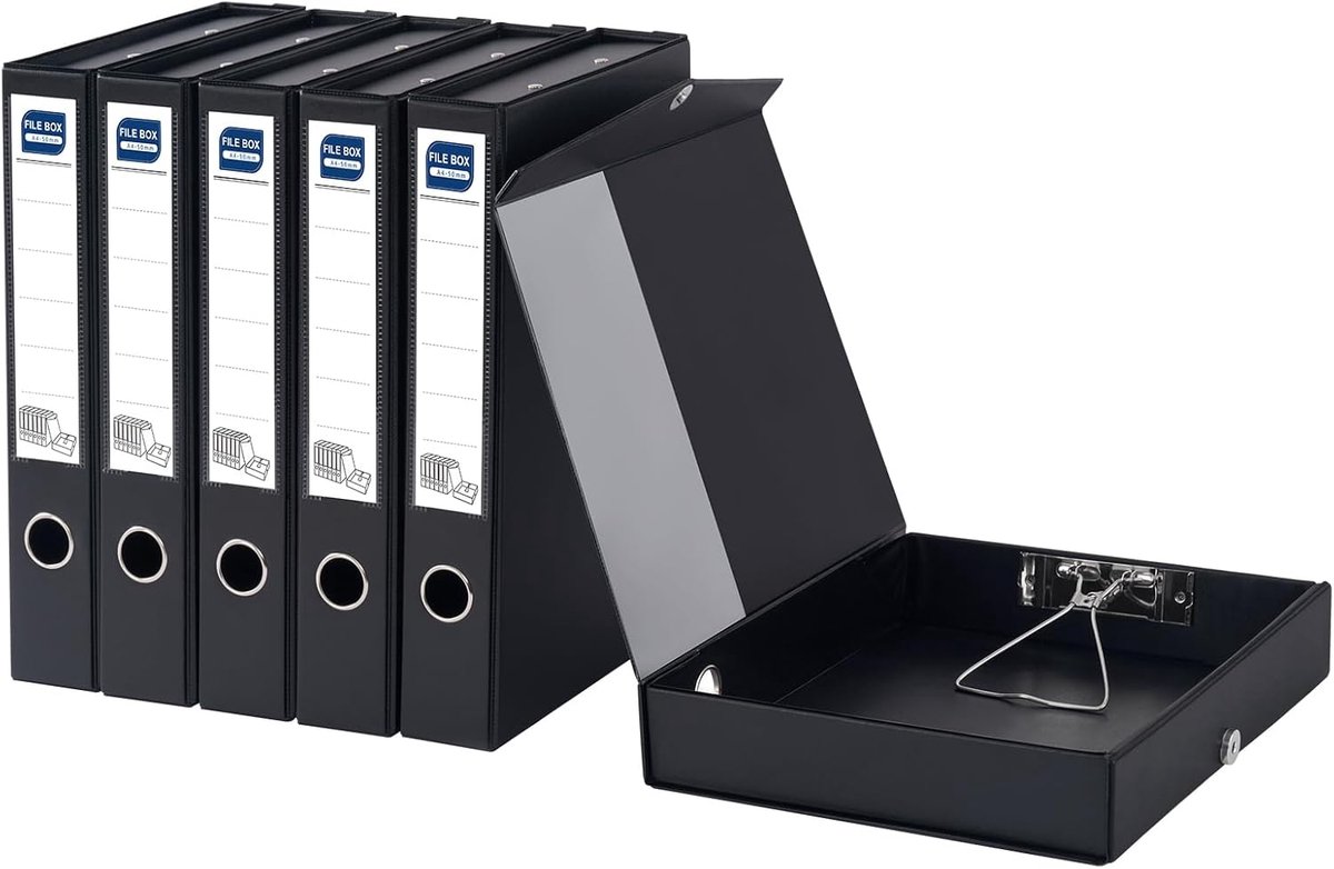 SnelShoppen - Pack of 6 A4 Archiefdozen met Deksel, Opvouwbare Documentenboxen 50mm Diep, Zwarte Kunststof Document Box met IJzeren Clips voor Kantoor