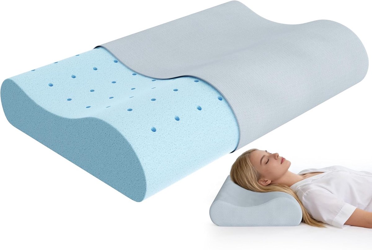 SnelShoppen - Releep Gel-Memoryschuim Kussen met Nekondersteuning - Verkoelend Orthopedisch Kussen voor Zij- en Rugslapers met Luchtgaten - 10 cm & 12