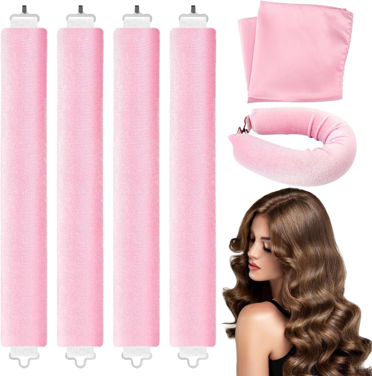 SnelShoppen - 4PCS Heatless Curlers - Haarrollers zonder Hitte - Haarkrullers met Hoofdband en Vierkante Sjaal - Geen Hitte Nachtelijke Krullen voor L