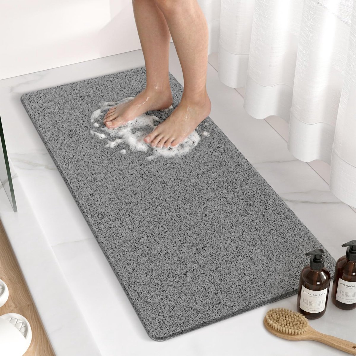 SnelShoppen - Non-slip Badmat 88 x 40 cm - Lange Antislip Douchematt - PVC Zachte Loofah Badmat - Geen Suction Cups - Sneldrogend - Grijs