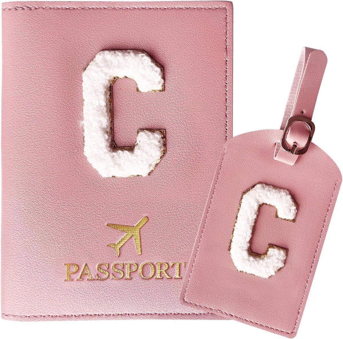 SnelShoppen - Passport Case en Luggage Tag Set met Letter Patch, Duurzaam PU Leer, Gepersonaliseerd Reisluggage Accessoires, Perfecte Cadeau voor Vrou