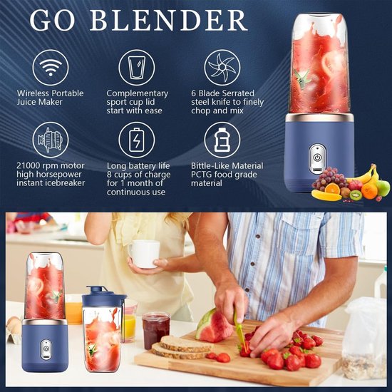 SnelShoppen - Mini Blender voor Milkshakes en Smoothies, Draagbare USB Blender met 6 RVS Messen, Oplaadbare Fruit Juice Cup voor Keuken, Camping, Spor van Snelshoppen — afbeelding 3
