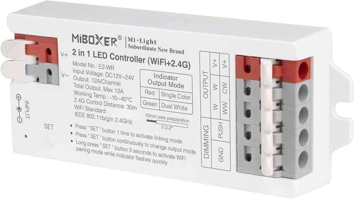 SnelShoppen - 2 in 1 LED Strip Controller WiFi + 2.4G, Dimbare Dual White en Single Color, CCT 2700K-6500K, Tuya Smart, Geschikt voor Alexa en Google