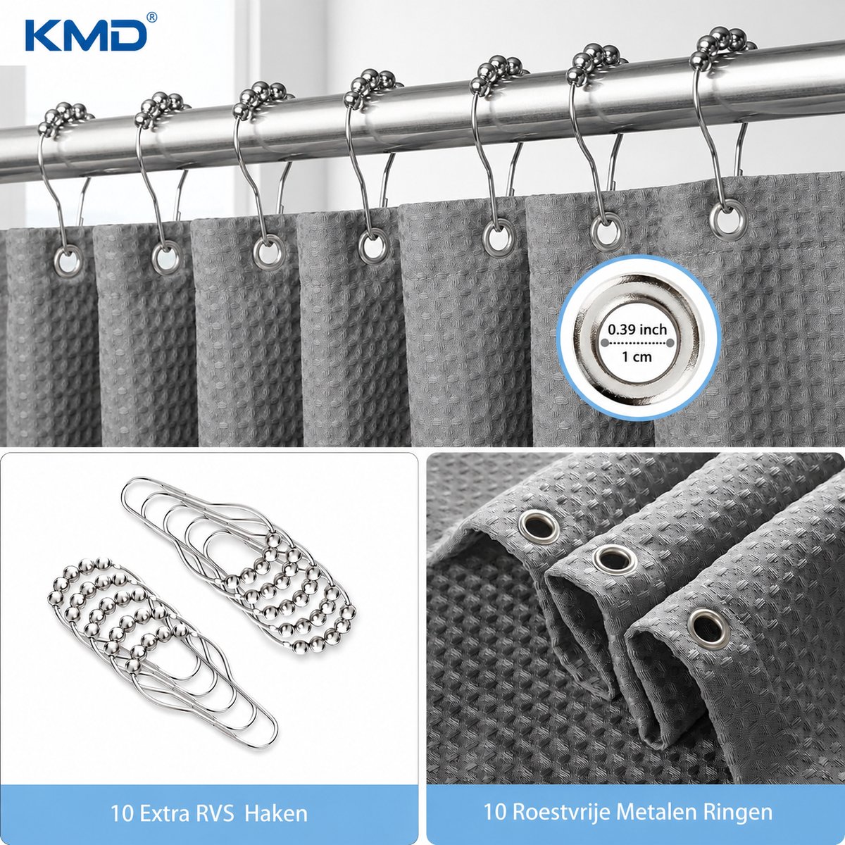 KMD Douchegordijn Wafelstof Waterdicht - Anti-schimmel Textiel Badgordijn met Metalen Ringen - 152 x 214 cm, Donkergrijs