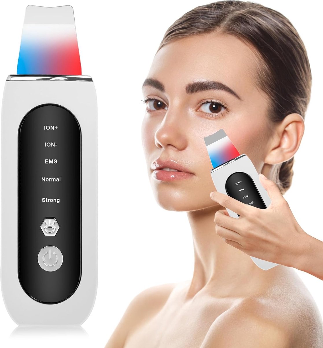 Ultrasoon scrubber, peelingapparaat met 5 modi, rood en blauw licht, poriënreiniger, mee-eterverwijderaar, ultrasone gezichtsreiniging