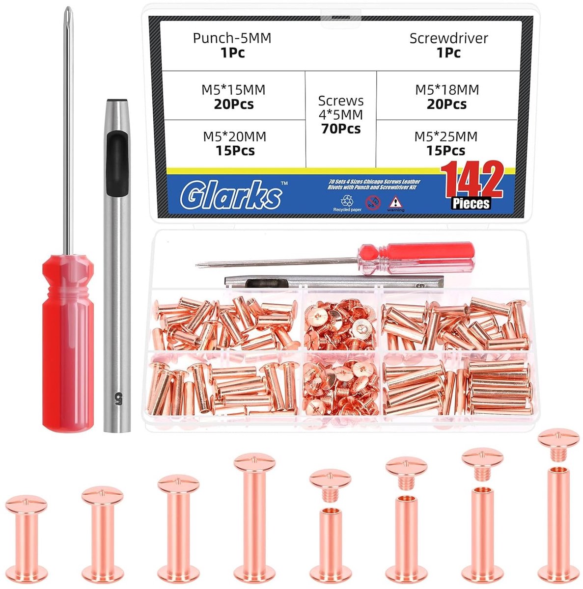 70 Sets M5 Chicago Screws Kit in Roségoud - Inclusief Binding Screws, Punch en Schroevendraaier voor Creatieve Projecten en Handwerk