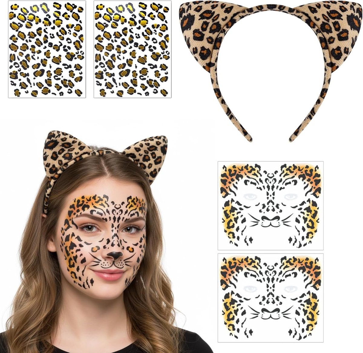 Leopard Kostuum Set met Oren Haarband en Gezichtstatoeages voor Carnaval, Halloween en Feestjes - Unisex, One Size, Dierenprint