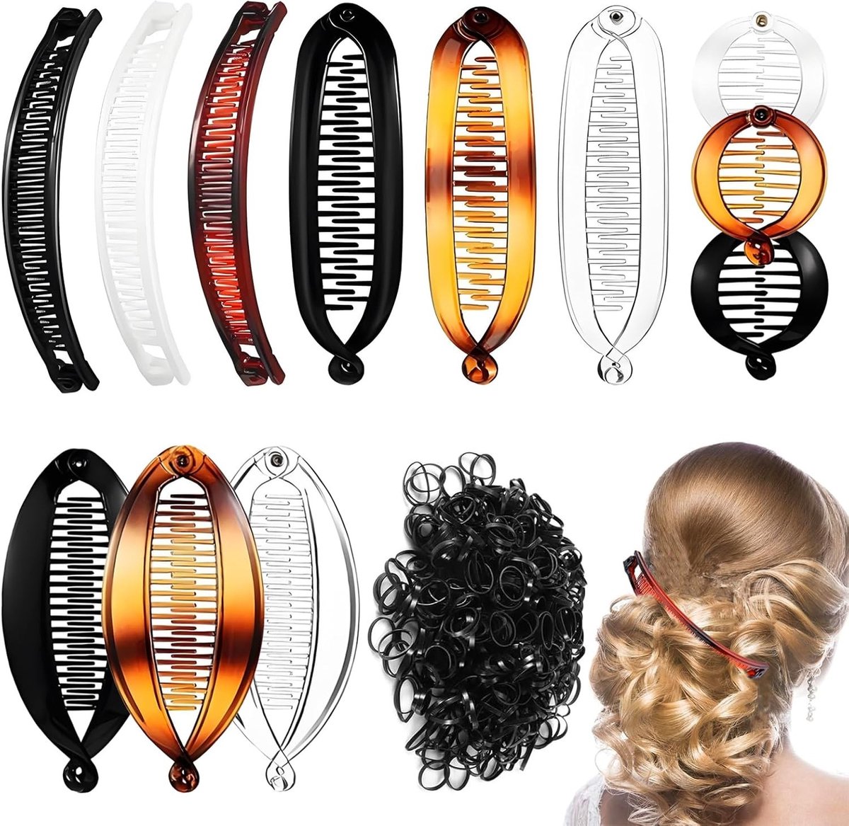 Set van 12 Duurzame Plastic Vintage Viskam Clips met 100 Elastiekjes, Retro Lange Haargrips voor Meisjes en Vrouwen, Perfect voor Diverse Haarstijlen en Gelegenheden