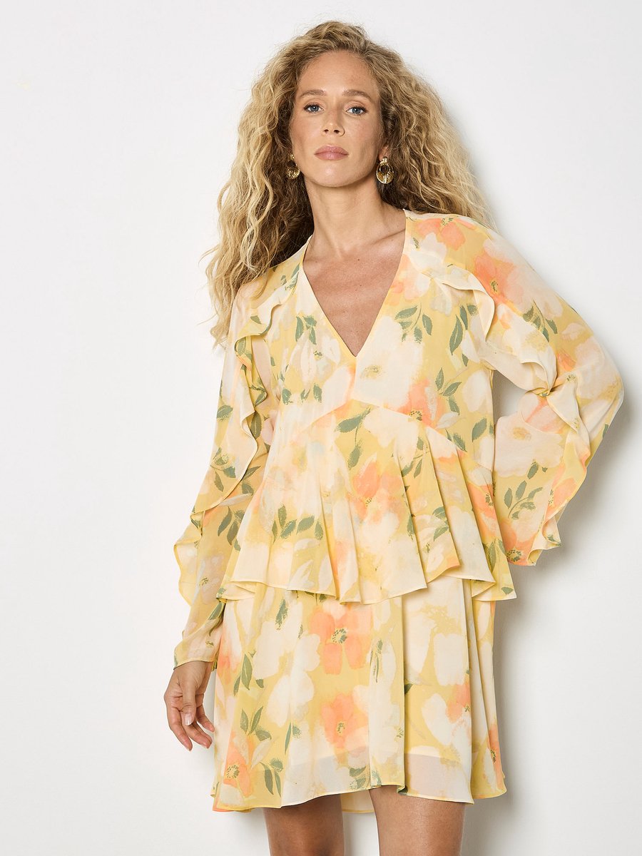 Mini-jurk van chiffon met bloemenprint en ruches