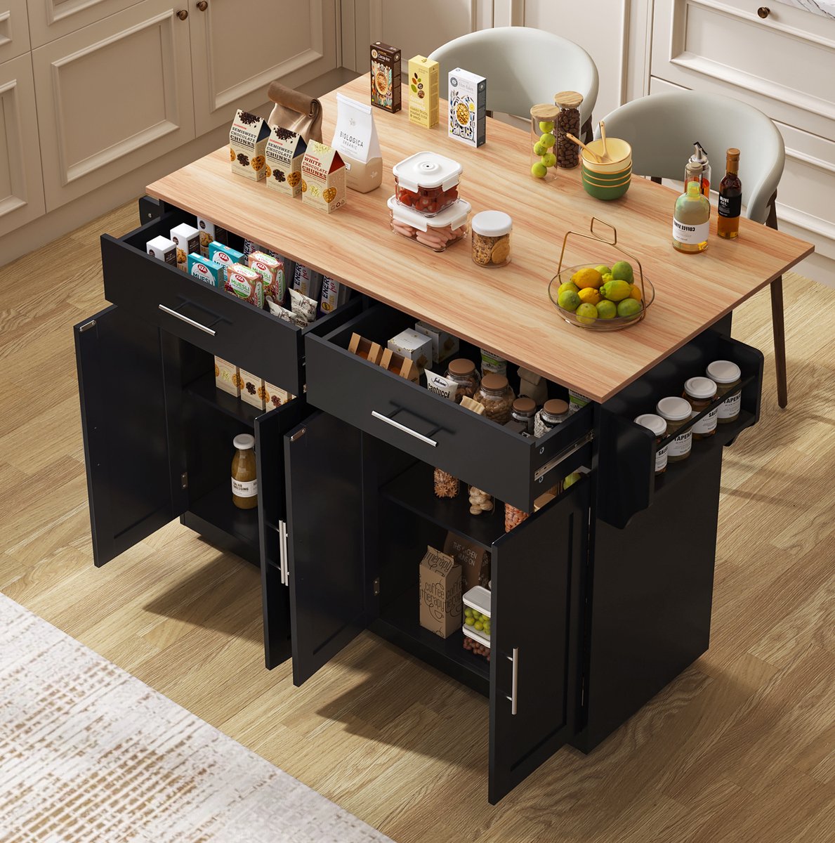 MEUNIQ keukenkast met opklapbaar blad 120 x 46 x 91,5 cm, keukentrolley met wieltjes, lades en opbergruimte, voor keuken en eetkamer, zwart en naturel