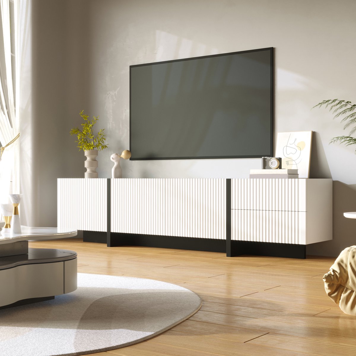 MEUNIQ TV-meubel 190 x 35 x 45 cm met 3 deuren en 2 lades, dressoir voor woonkamer of medi