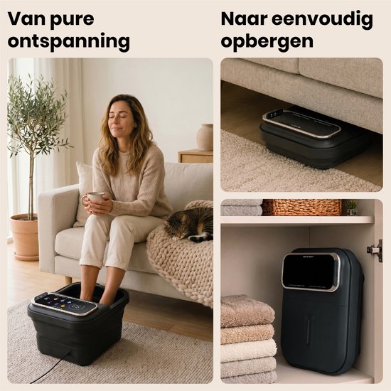 Vrouw ontspant met voeten in een zwart opvouwbaar voetenbad, opgeborgen onder een bank en in een kast.