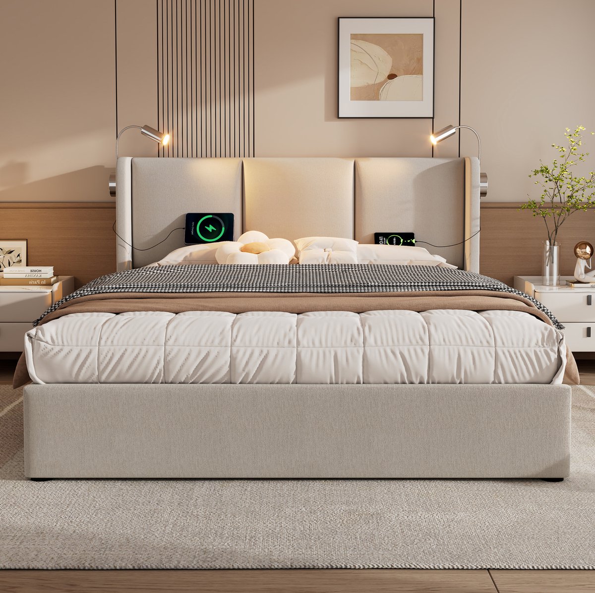 Gestoffeerd Bed 180x200 cm - Tweepersoonsbed Met Led Leeslamp En USB Oplaadfunctie - Met Opbergruimte - Zonder Matras - Stof - Beige