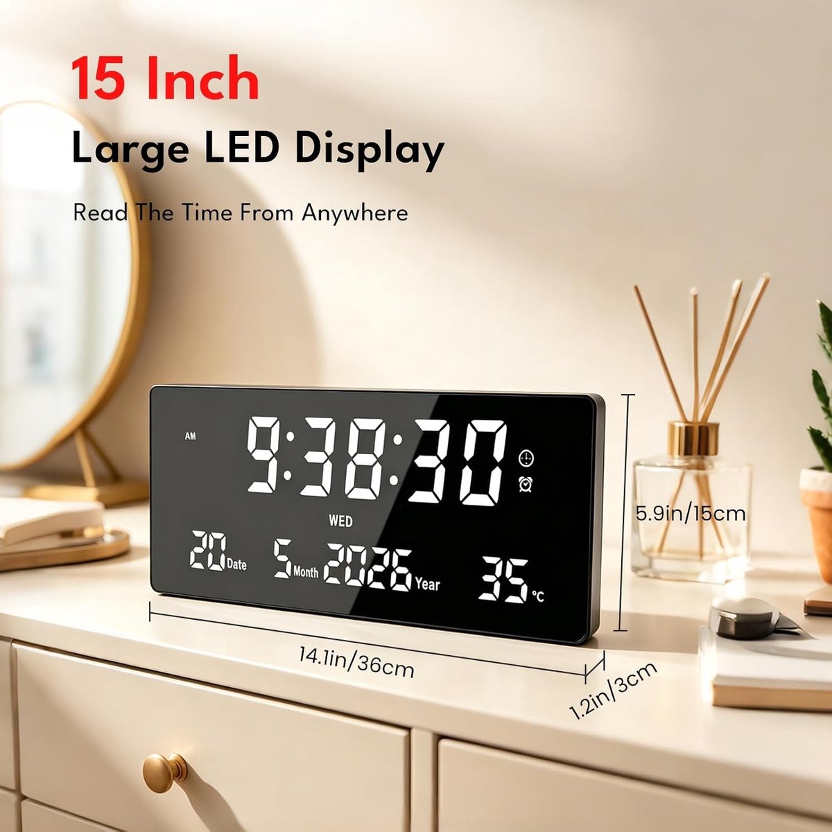 SnelShoppen - 15" Digitale LED Wandklok met Temperatuur, Datum, 6 Wekkers, Afstandsbediening, Instelbare Helderheid voor Woonkamer, Slaapkamer, Kantoo