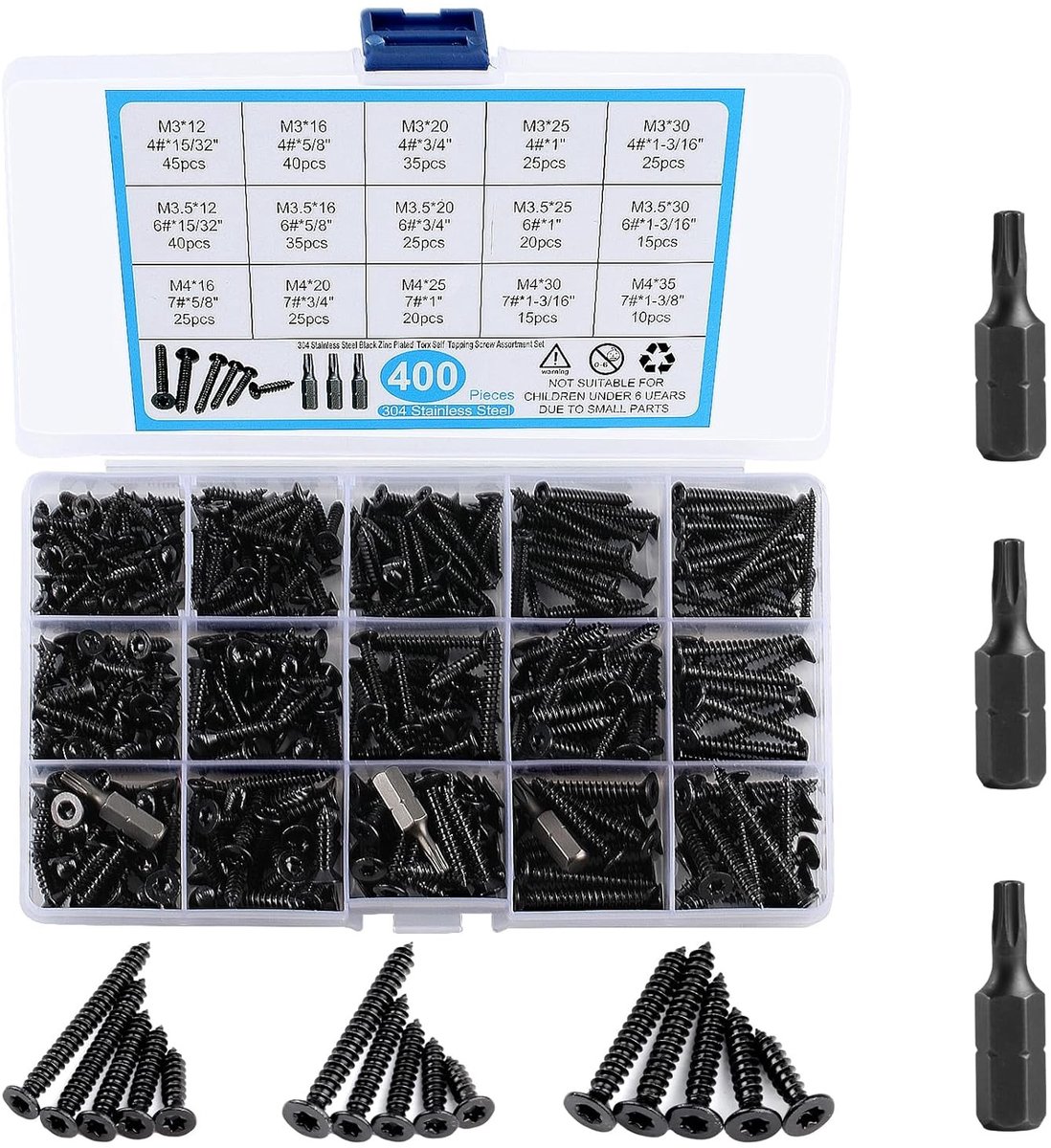 Set van 400 Rvs Zelfborende Schroeven met Verzonken Kop en Torx, Geschikt voor Hout en Gipsplaten, M3/M3.5/M4, Lengtes 12mm tot 35mm