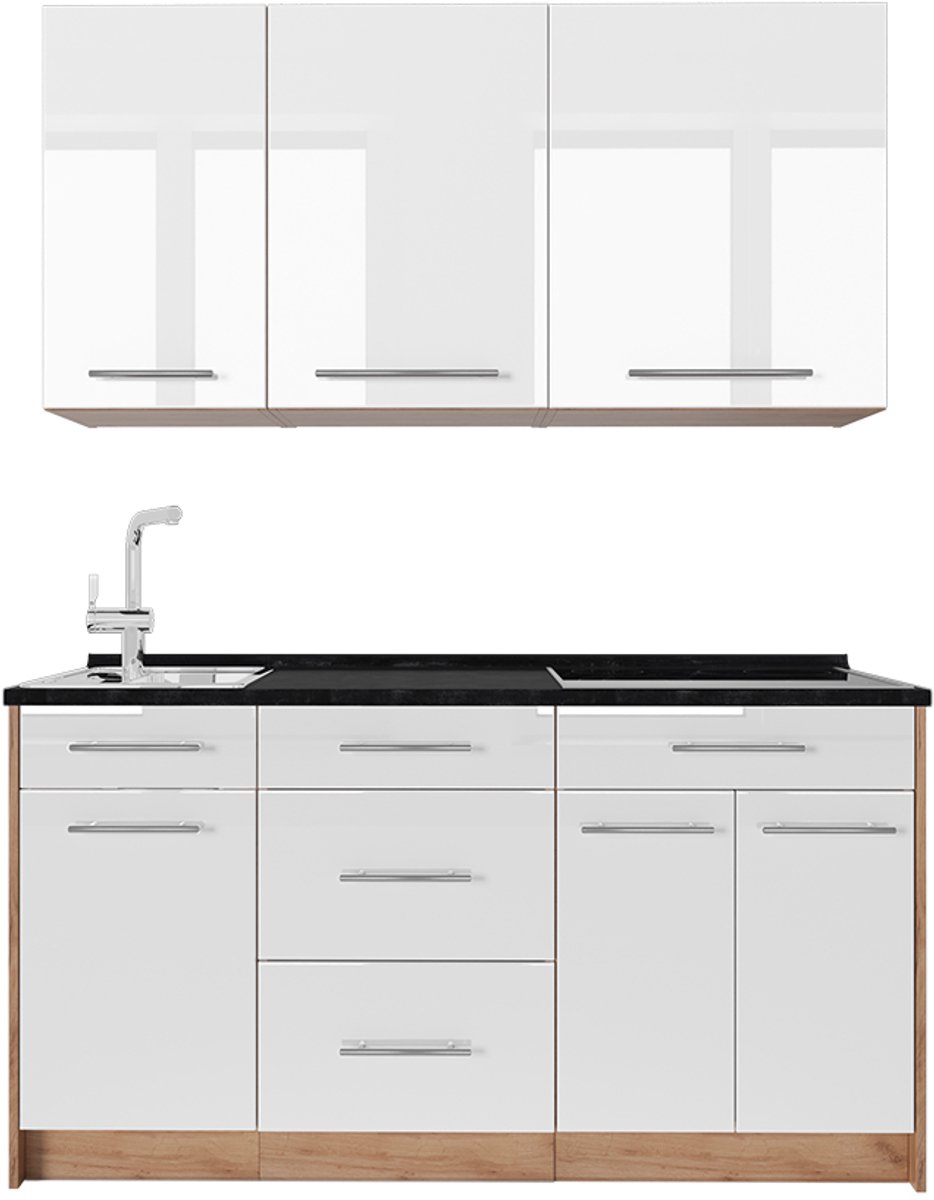Vicco Eenpersoonskeuken Fame-Line, Wit Hoogglans/Goudkleurig Eiken, 150 cm zonder werkblad
