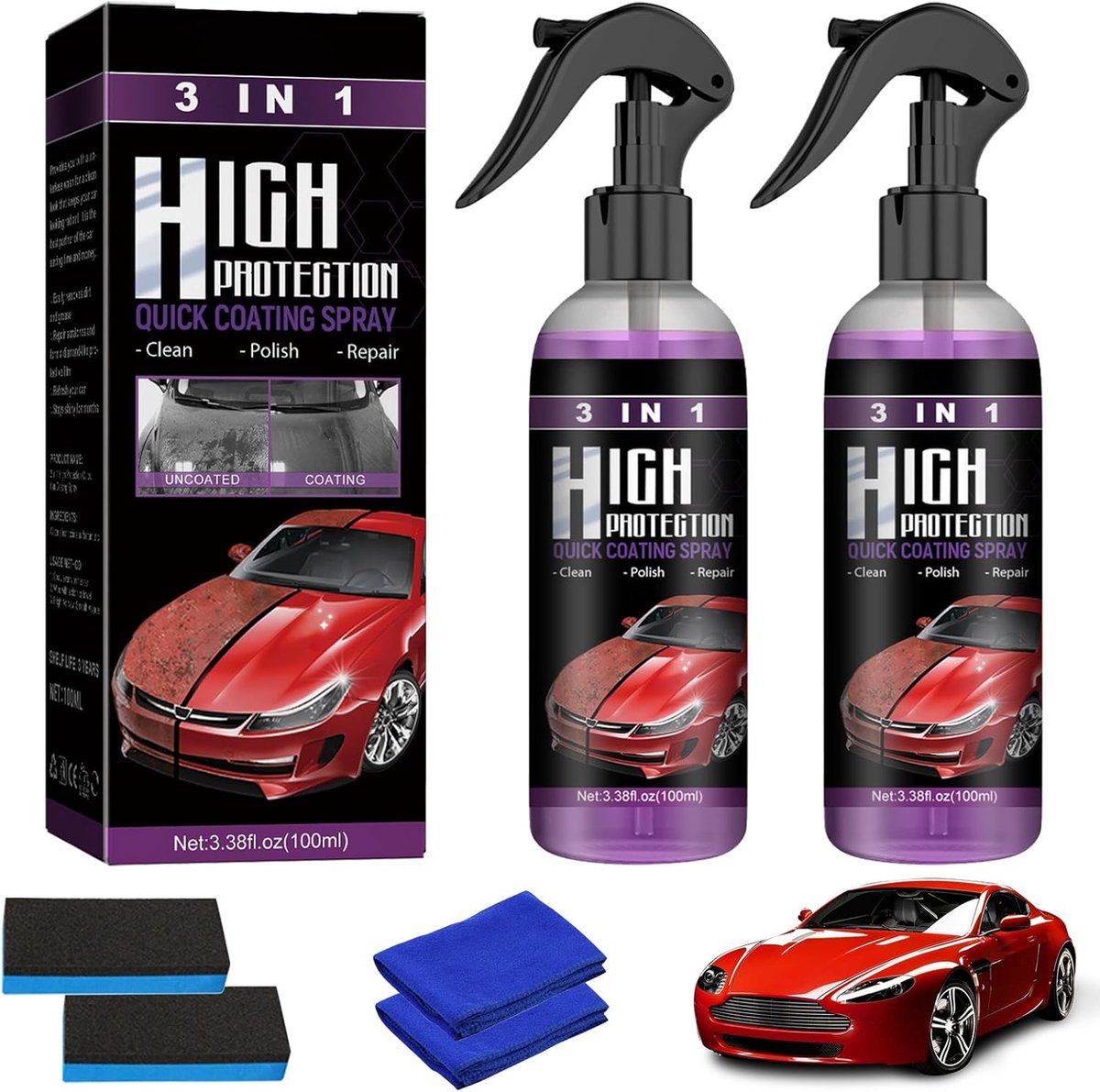 Thijox - High Protection 3-in-1 Spray, 2 Stuks Autopolijstmiddel, Nano Coatingspray voor Auto's en Motorfietsen, Hoogwaardige Glans en Bescherming, Ve