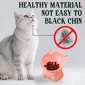 Een roze kattenbak met kattenoren, gevuld met voer, naast een grijze kat. Een rode cirkel toont een verboden teken op een kin.