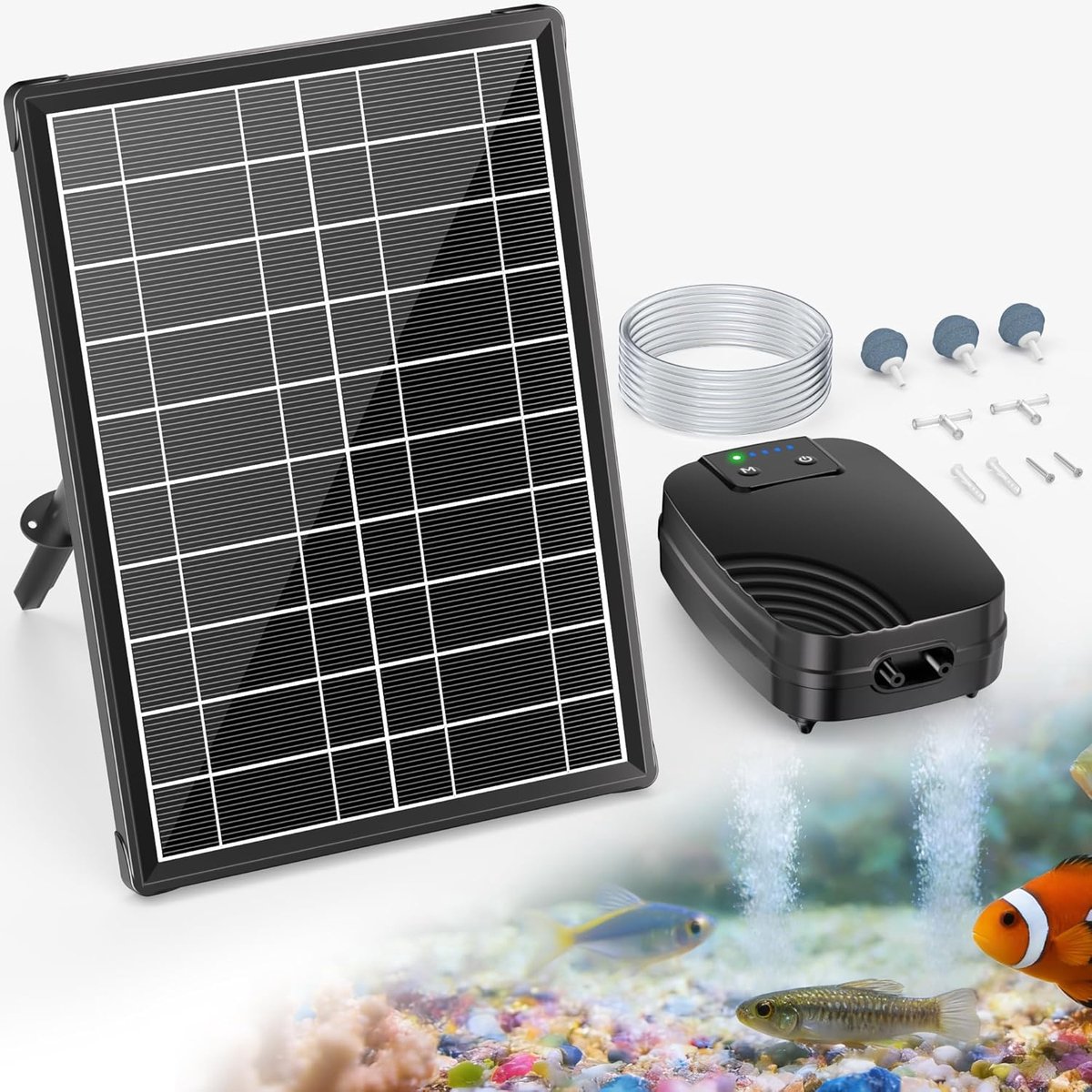 POPOSOAP 8W zonne-vijverbeluchter-zuurstofpomp op zonne-energie met accu en dubbele voeding-24 uur continue beluchting-3 bedrijfsmodi voor kleine vijvers-visvijvers en aquaria