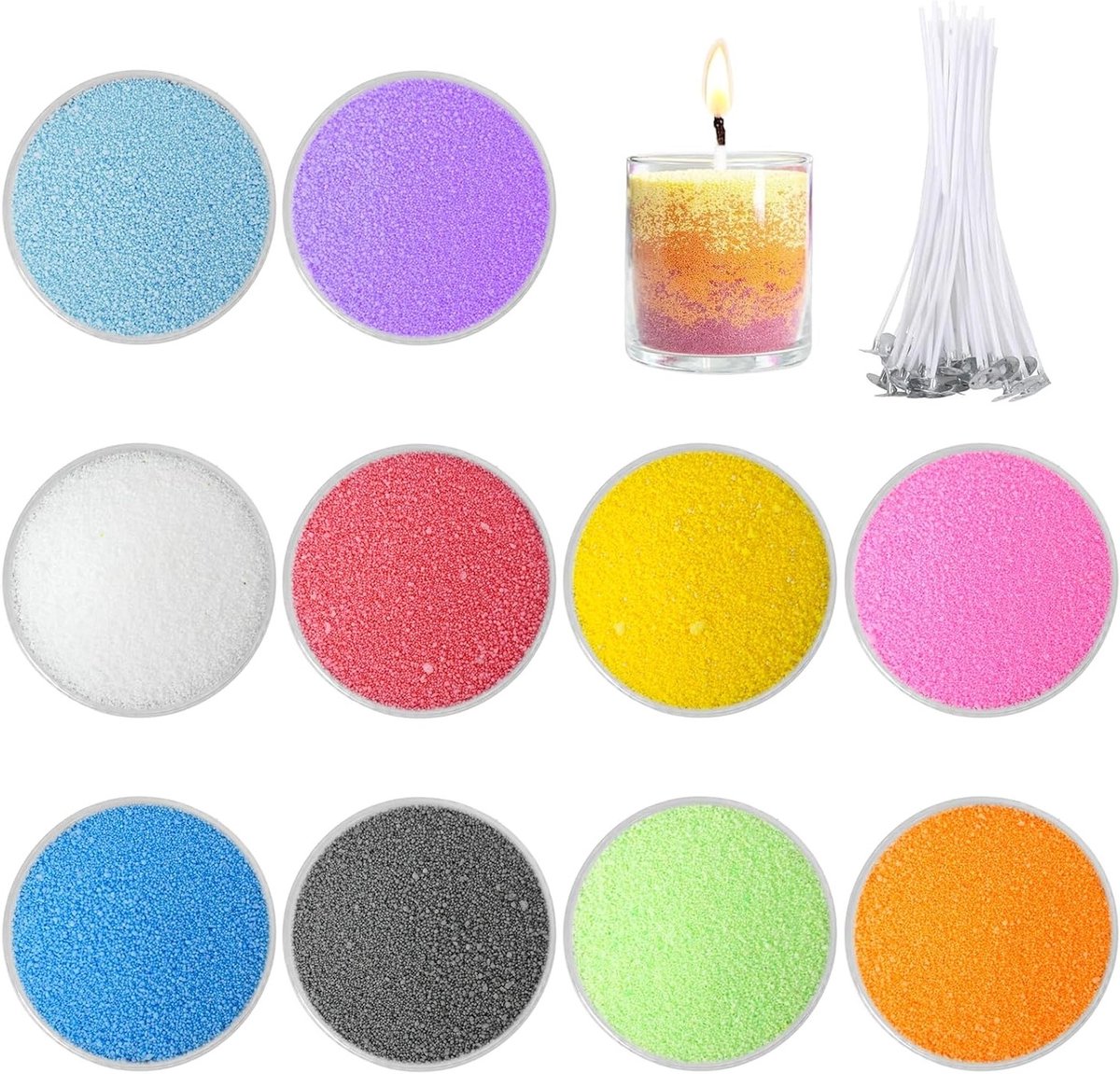 300g Parelsand voor Kaarsen met 50 Lontjes - 10 Kleuren, Granules en Paraffine Was voor Feestdecoratie en Creatieve Projecten