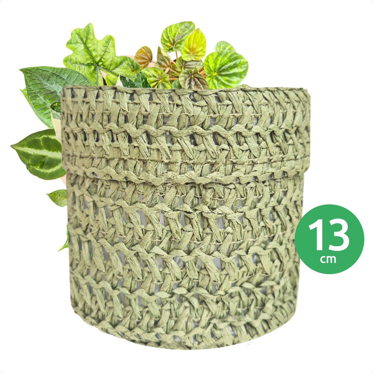 SIZO Bloempot - Plantenpot - Kamerplanten - Geweven Papier - Groen - Ø13 x H13 cm - Waterdichte Binnenvoering - 100% Biologisch Afbreekbaar