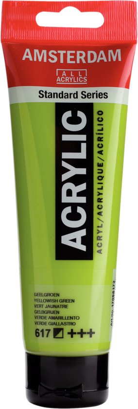 Amsterdam Standard Series acrylverf tube 120ml in geelgroen met tekst 'ACRYLIC'.
