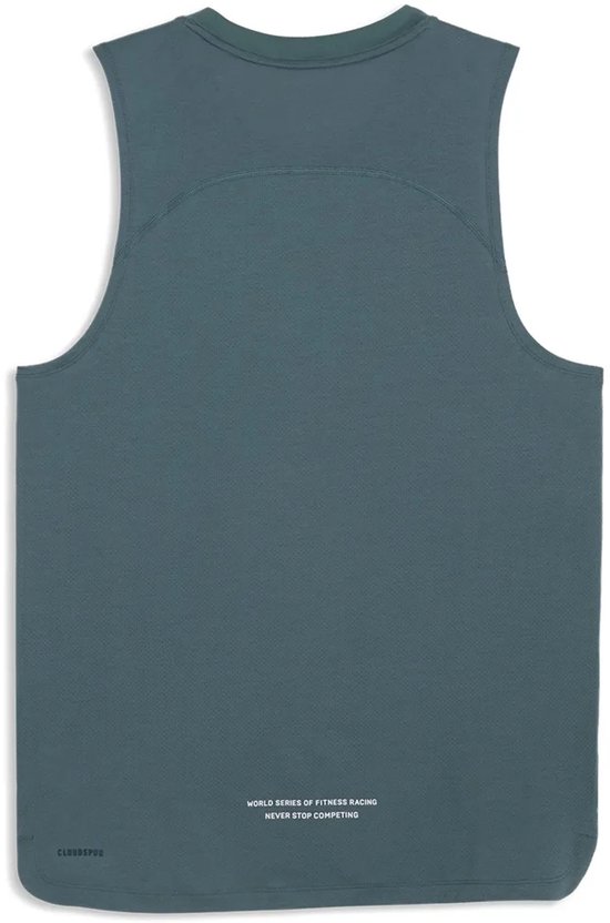 Grijsgroen mouwloos sportshirt met tekst op de onderkant rechtsachter.