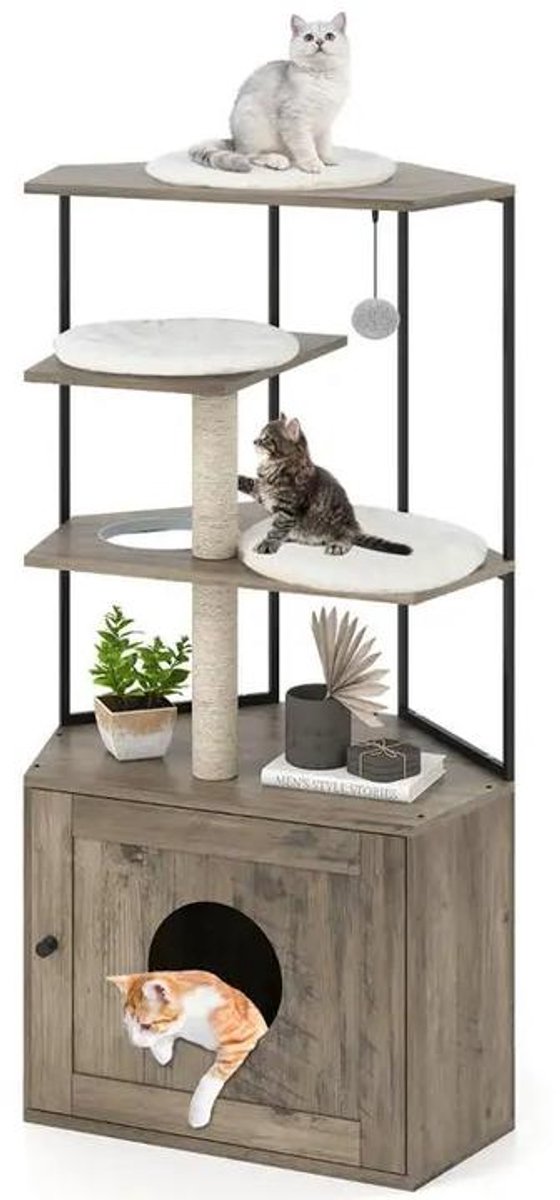 NordPaw® Hoek Kattenkrabpaal met Kattenbak Meubel - Kattenboom met Verborgen Kattenhuis, Krabpalen, Ligplateaus en Speelballetje - Vintage Bruin - 78 x 50 x 138 cm