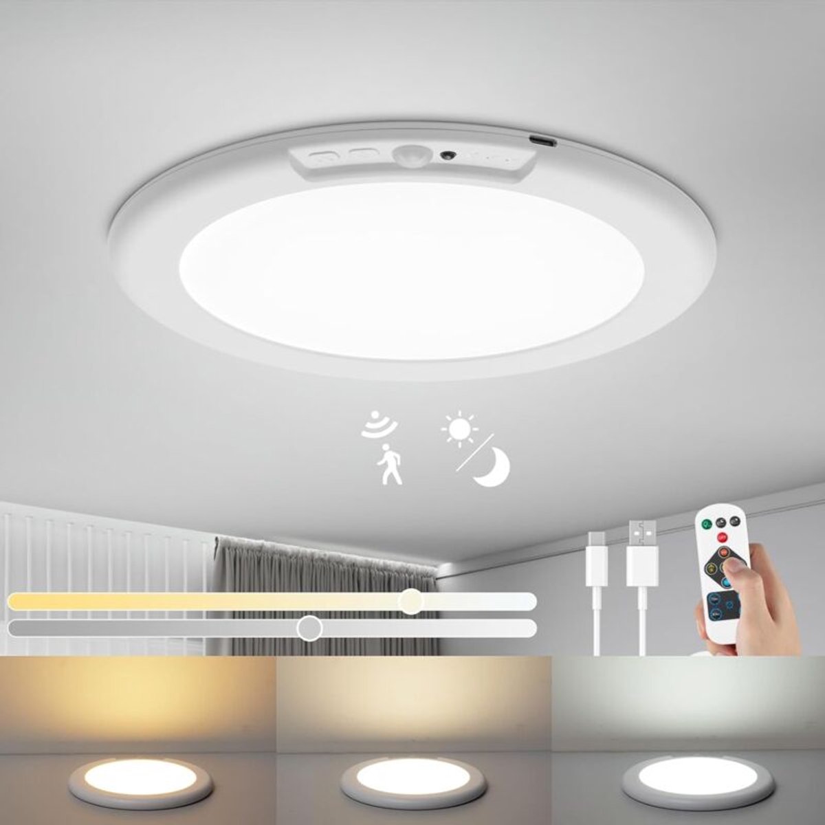 Deze LED-plafondlamp isgeschikt voorzien van een bewegingssensor, een draadloze, oplaadbare batterij van 6000 mAh en een afstandsbediening. garages en andere vergelijkbare ruimtes; boren is niet nodig.