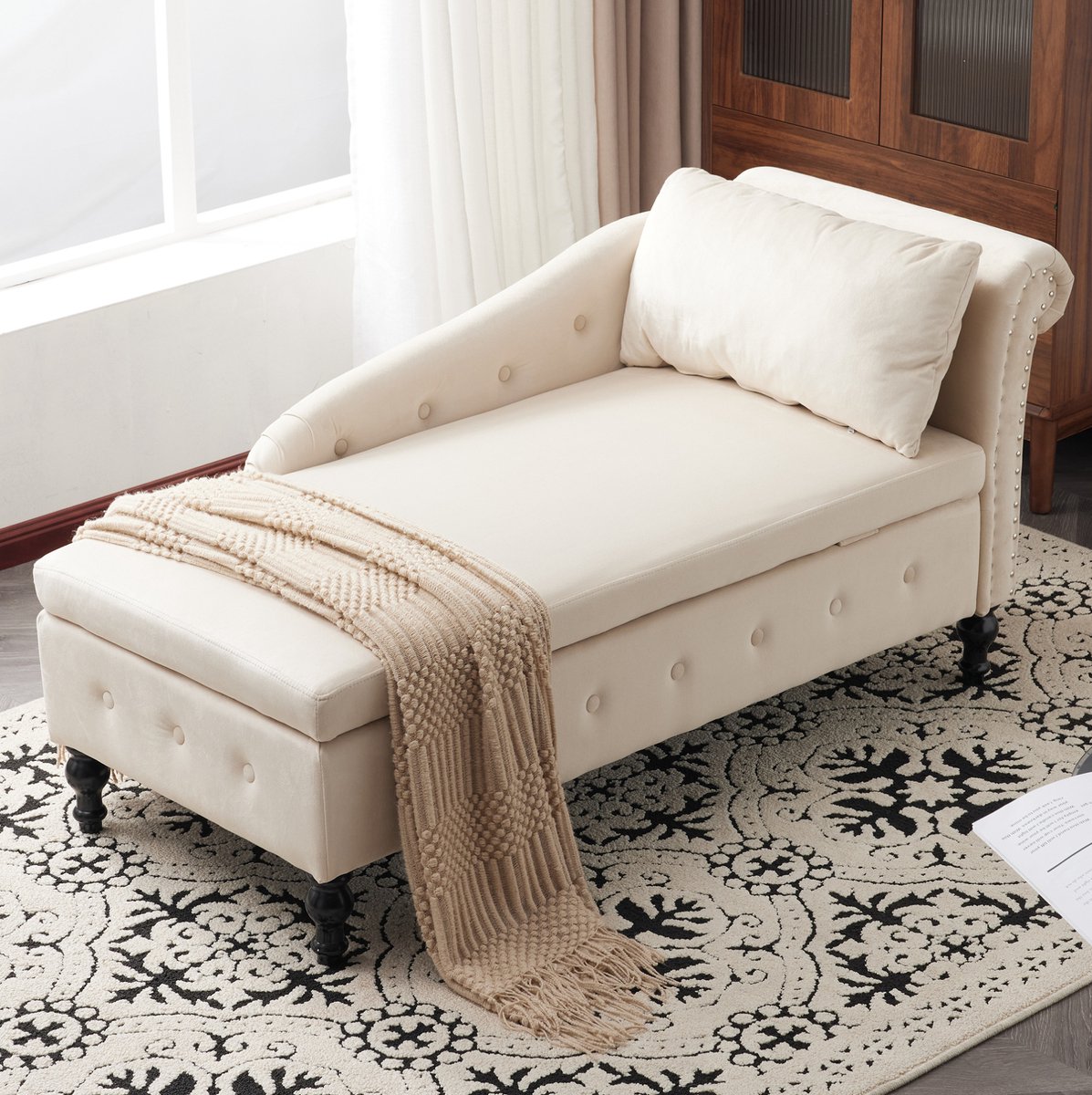 DESMIU Chaise Longue 144 X 62 X 69 Cm - Met Opbergruimte En Kussen - Voor Woonkamer Slaapkamer En Kantoor - Fluweel Beige