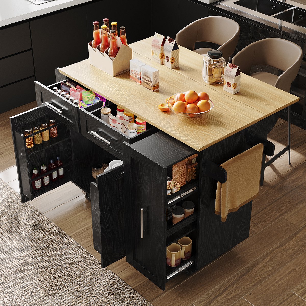 MEUNIQ keukeneiland met inklapbaar werkblad en wielen 110 x 46 x 90,5 cm, keukenkast met opbergruimte en houtlook blad voor keuken en eetplek, zwart